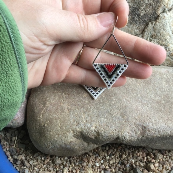 Red and Silver Triangle Beaded Earrings, New, Handmade by Me - Picture 2 of 5